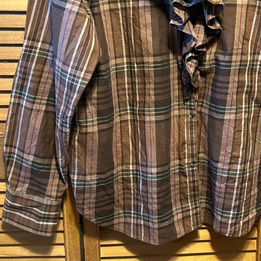 Lauren Ralph Lauren Brown, Tan, Green, Red and White Plaid Ruffled Shirt - Picture 10 of 16